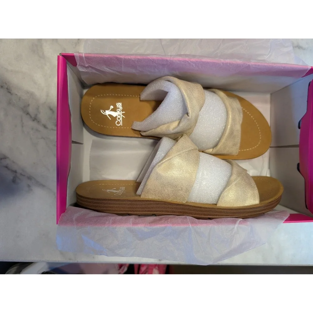 Corkys With A Twist Sandal Women 10 Gold New Metallic Double Strap Slide
